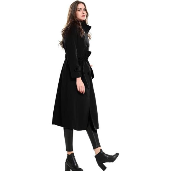 Women's Wool Trench Coat Winter Double-Breasted Jacket with Belts - Picture 5 of 9